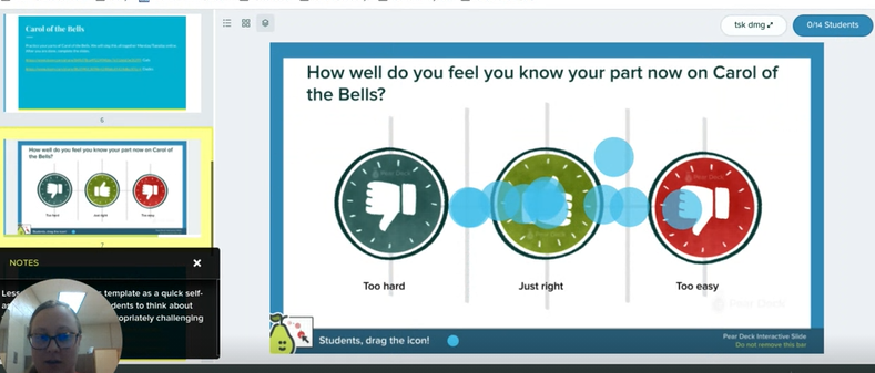 Shown is a screenshot of the Pear Deck choir students were engaged in last week. Choir is meeting regularly online to prepare for their upcoming virtual program.