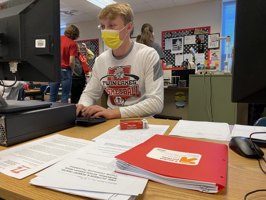 Senior Lewis Dellinger works through the multiple scholarships he is applying for. When asked about the process, Lewis said, It takes a long time. Scholarships are located under the counseling tab on the schools homepage, and most of them are due on the first Friday in February.
