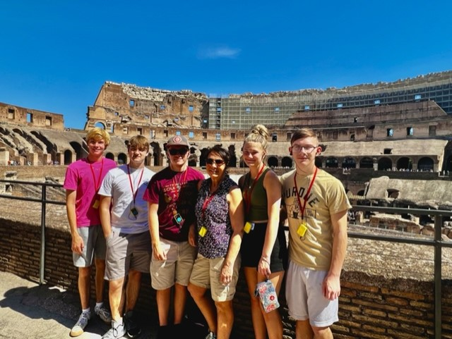 Cody Allen, Kaleb Kiester, Aiden Vrotny, Susan Manahan, Madison Stangle and Abram Pronger
at the Colliseum in Rome, Italy.