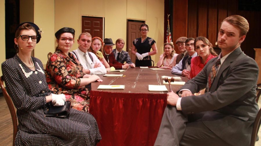 Twin Lakes HS presents Ladies and Gentlemen of the Jury at 7:30 p.m. on Friday, November 18, and Saturday, November 19. The courtroom comedy features a contentious jury mired in determining the guilt or innocence of a young woman who has been accused of murdering her husband. Strong personalities and strong tempers make the verdict a battle to the finish. Will justice prevail? Pictured are the jury from left to right: Miss Lily Pratt, a shrill spinster (Taylor Burns), Mrs. Bridget Maguire, an Irish cook (Shyanne Craig), Mr. Steve Bromm, a mechanic (Caleb Weiss), Miss Mayme Mixter, a former chorus girl (Alex Edgell), Mr. Tony Theodolphulus, owner of a chain of candy stores (Aiden Vrotny), Mr. Spencer B. Dazey, used car salesman (Joseph Quillen), Mrs. Livingston Baldwin Crane, a determined socialite (Genevieve Stroetz), Miss Cynthia Tate, a young college girl (Hallie Egolf), Mr. Andrew MacLaren MacKaig, a Scottish gardener (Lars Spalsbury), Mr. Alonzo Beal, a poet (Nolan Roeske), Mrs. Dixie Dace, a young newlywed (Mayah McCarty), and Mr. Jay J. Pressley, jury foreman (Kaleb Kiester). Tickets are now on sale