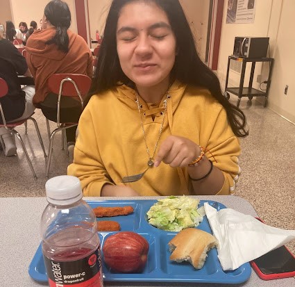 Joselin Castillo 25 laughs until she almost cries as she has a funny conversation at her lunch table. I always have a fun time with my friends during lunch, Castillo said. As well as enjoying her lunchtime company, she also enjoyed the school lunch of spicy chicken nuggets, a roll, and salad.